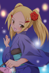 1girl aoyama_mio bag blonde_hair brown_eyes female_focus flower gradient_background hair_flower hair_ornament hairclip handbag highres japanese_clothes kami_nomi_zo_shiru_sekai kimono obi plant sash smile solo twintails yuto_(dialique)