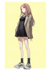 1girl absurdres bang_dream! bang_dream!_it&#039;s_mygo!!!!! black_dress black_socks border breasts brown_hair brown_jacket commentary dress full_body hashtag-only_commentary highres jacket kissshotmagia long_hair medium_breasts nagasaki_soyo shoes simple_background socks solo white_border white_shoes yellow_background