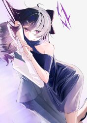 1boy 1girl absurdres akatoshu bare_shoulders black_pants blue_archive bow commentary_request different_reflection dress dutch_angle hair_between_eyes hair_bow halo haruka_(blue_archive) haruka_(dress)_(blue_archive) haruka_(suit)_(blue_archive) high_heels highres long_hair looking_at_viewer lying official_alternate_costume on_stomach pants purple_dress purple_eyes purple_hair purple_halo reflection reflective_floor shirt simple_background solo white_background white_shirt x
