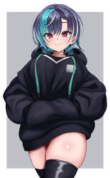 1girl absurdres black_hair black_hoodie black_thighhighs cowboy_shot green_hair grey_background grey_hair highres hololive hololive_dev_is hood hood_down hoodie kouyuki_umika multicolored_hair purple_eyes rindo_chihaya short_hair simple_background skindentation solo streaked_hair thighhighs thighs virtual_youtuber