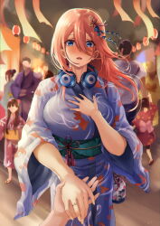 1girl blue_eyes blush breasts brown_hair commentary_request embarrassed go-toubun_no_hanayome hair_between_eyes hair_ornament hands_on_own_chest headphones headphones_around_neck highres holding_hands inue_ao japanese_clothes jewelry kimono large_breasts long_hair looking_at_viewer nakano_miku obi open_mouth out_of_frame revision ring sash standing summer_festival wide_sleeves yukata