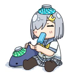 Rule 34 | black pantyhose, closed eyes, commentary request, food, grey hair, grey sailor collar, grey skirt, hair ornament, hair over one eye, hairclip, hama! (3toshinhmkz), hamakaze (kancolle), ice pack, kantai collection, neckerchief, no nose, pantyhose, pleated skirt, popsicle, sailor collar, school uniform, serafuku, short hair, simple background, skirt, stuffed animal, stuffed shark, stuffed toy, white background, yellow neckerchief