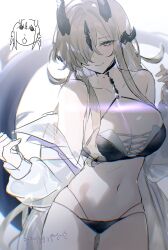 Rule 34 | 1girl, absurdres, arknights, bikini, black bikini, black choker, black horns, breasts, choker, cleavage, collarbone, dragon girl, dragon horns, dragon tail, hair over one eye, highres, horns, navel, necrass (arknights), reed (arknights), solo, swimsuit, tail, yao kkkrrr