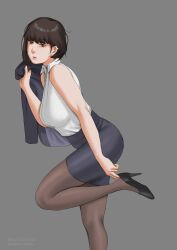 1girl absurdres adjusting_clothes adjusting_shoe black_pantyhose breasts brown_eyes brown_hair character_name ear_piercing grey_background high_heels highres holding holding_jacket holding_unworn_clothes jacket kanaya_natya medium_breasts mogi_(pixiv112493921) office_lady original pantyhose pencil_skirt piercing shirt simple_background skirt standing standing_on_one_leg unworn_jacket white_shirt