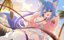 1girl ahoge animal_collar animal_ear_fluff animal_ears bandages bandaid beach bell blue_eyes blue_hair blurry blush breasts cleavage collar commission dog_ears ear_piercing fang fox_ears fox_tail hair_ornament highres large_breasts leash long_hair looking_at_viewer open_mouth original outdoors palm_tree piercing purple_eyes shiro9jira sitting skeb_commission skin_fang smile solo sunset tail thighhighs tree viewer_holding_leash virtual_youtuber white_thighhighs