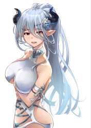 1girl arm_under_breasts armband bad_id bad_pixiv_id bare_shoulders blue_hair blush breasts clothing_cutout collarbone cross-laced_clothes draph female_focus flower granblue_fantasy hair_between_eyes hair_flower hair_ornament halterneck hip_focus horns izmir izmir_(summer)_(granblue_fantasy) large_breasts long_hair looking_at_viewer mole mole_under_mouth nishitaka one-piece_swimsuit pointy_ears ponytail red_eyes simple_background smile solo swimsuit underboob_cutout white_background white_one-piece_swimsuit