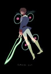 1boy amuro_ray black_background blue_jacket brown_eyes brown_hair char&#039;s_counterattack character_name commentary earth_federation energy_ball energy_disk energy_sword from_behind full_body gquuuuuux gundam gundam_gquuuuuux highres holding holding_sword holding_weapon jacket light_frown long_sleeves looking_at_viewer looking_back male_focus military_uniform pants short_hair simple_background solo sword symbol-only_commentary v-shaped_eyebrows weapon white_pants yugre0000