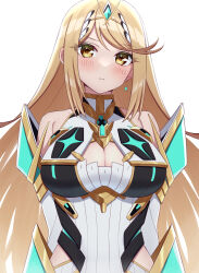 1girl absurdres bare_shoulders blonde_hair breasts chest_jewel cleavage cleavage_cutout closed_mouth clothing_cutout commentary_request core_crystal_(xenoblade) dress earrings gem green_gemstone highres jewelry large_breasts light_blush long_hair looking_at_viewer mythra_(xenoblade) shinae simple_background sleeveless sleeveless_dress solo swept_bangs tiara upper_body very_long_hair white_background white_dress xenoblade_chronicles_(series) xenoblade_chronicles_2 yellow_eyes