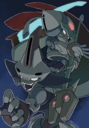 Rule 34 | 1boy, 1girl, armor, blue background, brother and sister, empty eyes, energy blade, fangs, forehead jewel, glowing, helmet, highres, holding, holding scythe, holding staff, long hair, mega man (series), mega man zx, model w (mega man), open mouth, pandora (mega man), parted lips, prometheus (mega man), purple armor, purple helmet, scythe, siblings, simple background, skull-shaped hat, staff, tomycase, tongue, tongue out, white armor, white helmet