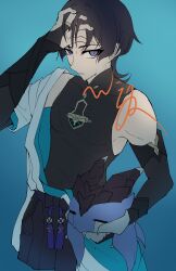 1boy absurdres animal arm_at_side armor black_bodysuit black_bow black_bridal_gauntlets black_hair black_shorts blue_background blunt_ends bodysuit bow bridal_gauntlets clothes_down covered_collarbone covered_navel cropped_legs dragon eyelashes genshin_impact gold_ring hakama hakama_shorts hand_in_own_hair hand_up highres holding holding_animal japanese_armor japanese_clothes kote kurokote looking_at_viewer male_focus mandarin_collar middle_ring mini_durin_(genshin_impact) parted_lips pleated_shorts purple_eyes renkon_25251020 scaramouche_(genshin_impact) shorts small_dragon sweat tassel tsurime unfinished wanderer_(genshin_impact) white_mouth wispy_bangs