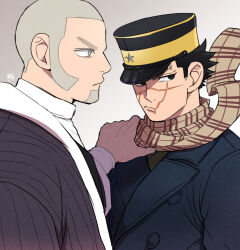 2boys black_coat black_hair black_hat closed_mouth coat crew_cut facial_hair goatee golden_kamuy grey_background grey_eyes hand_on_another&#039;s_shoulder hat kzouzou long_sideburns male_focus military_uniform multiple_boys scar scar_on_face scarf shiraishi_yoshitake short_hair sideburns sugimoto_saichi