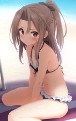 1girl alternate_costume bikini black_bikini black_ribbon brown_eyes brown_hair frilled_bikini frills front-tie_bikini_top front-tie_top hair_ribbon highres kantai_collection long_hair looking_at_viewer navel ponytail ribbon sitting solo swimsuit toketa-sekai wariza zuihou_(kancolle)