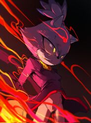 1girl animal_ears black_background blaze_the_cat cat_ears fire forehead_jewel furry furry_female gloves glowing glowing_eyes gold_necklace hair_ribbon highres jewelry leaning_forward necklace raph_mavrost ribbon smile smirk solo sonic_(series) yellow_eyes