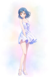 Rule 34 | 1girl, :p, bare arms, bare legs, bare shoulders, blue background, blue hair, braid, breasts, cleavage, closed mouth, collarbone, colorful background, commentary request, crown braid, dress, dress tug, full body, high heel sandals, highres, idolmaster, idolmaster million live!, looking at viewer, medium breasts, medium hair, nanao yuriko, nanaran, parted lips, pink background, purple background, purple ribbon, raised eyebrows, ribbon, sandals, short dress, sleeveless, sleeveless dress, smile, solo, spaghetti strap, standing, tongue, tongue out, white background, white dress, white sandals, yellow background, yellow eyes