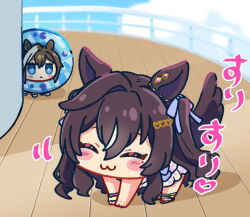 Rule 34 | 2girls, :3, animal ears, blue eyes, blush stickers, brown hair, cheval grand (summer calm navy drop) (umamusume), cheval grand (umamusume), chibi, horse ears, horse girl, horse tail, kni, multiple girls, swimsuit, tail, triangle mouth, umamusume, vivlos (finest smile - liftoff!) (umamusume), vivlos (umamusume)