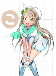 10s 1girl blush boots bow brown_eyes brown_hair female_focus fingerless_gloves gloves hair_bow hat highres leaning_forward long_hair looking_at_viewer love_live! love_live!_school_idol_project minami_kotori nac000 open_mouth scarf side_ponytail skirt smile solo wonderful_rush