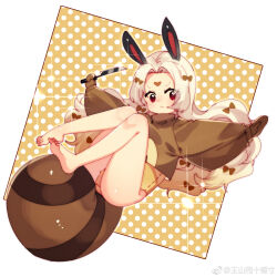 1girl animal_ears bare_legs barefoot blonde_hair bow brown_bow brown_mittens brown_sweater chinese_commentary closed_mouth commentary_request dot_nose eyelashes facial_mark forehead_mark frown full_body hair_bow heart heart_facial_mark highres holding holding_knife knife light_blush long_hair long_sleeves lopsided_border mittens multiple_hair_bows one-piece_swimsuit original outside_border outstretched_arms polka_dot polka_dot_background puffy_long_sleeves puffy_sleeves rabbit_ears raccoon_tail red_eyes sitting solo sparkle sweater swimsuit tail toes turtleneck turtleneck_sweater two-tone_background v-shaped_eyebrows very_long_hair wangshan_er_shifucun watermark weibo_watermark white_background yellow_background yellow_one-piece_swimsuit