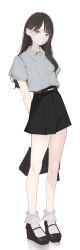 Rule 34 | 1girl, ama mitsuki, arms behind back, bag, black hair, black shoes, black skirt, blush, commentary, cropped, frilled socks, frills, grey shirt, handbag, highres, long hair, looking at viewer, mask, mouth mask, original, puffy short sleeves, puffy sleeves, purple eyes, shirt, shoes, short sleeves, skirt, socks, solo, standing, surgical mask, white socks