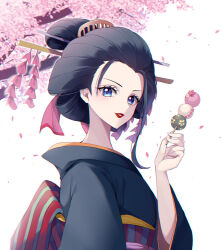Rule 34 | 1girl, absurdres, black hair, blue eyes, cherry blossoms, crazy otama, dango, eyelashes, food, geisha, hair ornament, hairclip, hairpin, highres, holding, holding food, japanese clothes, kanzashi, kimono, lipstick, looking at viewer, makeup, nico robin, nico robin (wano), obi, one piece, profile, red lips, sash, sidelocks, smile, solo, upper body, wagashi