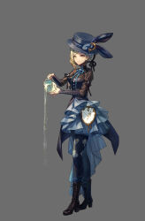 1girl absurdres black_boots black_dress black_hat black_pantyhose blue_ribbon boater_hat boots clock closed_mouth dress full_body grey_background grey_eyes grey_hair hair_bun hat hat_ornament highres holding_jug jug_(bottle) lace-up_boots layered_dress long_sleeves neck_ribbon official_alternate_costume pantyhose pouring print_pantyhose qinghong_zaoshu rabbit_hat_ornament reverse:1999 ribbon short_dress short_hair single_side_bun smile solo standing vertin_(reverse:1999) water