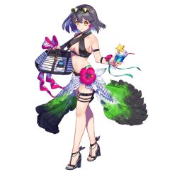 1girl alternate_costume armband artist_request bag bikini black_armband black_bikini black_eyes black_hair black_ribbon black_straps bob_cut breasts choker closed_mouth collarbone cup drink earrings eyewear_on_head final_gear fingernails flower flower_earrings footwear_ribbon full_body green_choker green_ribbon green_sarong hair_between_eyes hibiscus highres holding holding_cup holding_drink horizontal-striped_ribbon jewelry kristina_(final_gear) looking_at_viewer medium_breasts midriff nail_polish navel official_alternate_costume official_art pink_flower pink_nails pocket ribbon sandals sarong shoe_strap shoulder_bag simple_background smile solo sunglasses swimsuit tachi-e thigh_strap third-party_source transparent_background two-tone_ribbon two-tone_sarong walking wedge_heels white_background white_sarong wrist_flower wrist_ribbon yellow_eyes