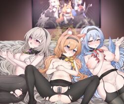 3girls absurdres after_anal after_vaginal aftersex animal_ear_fluff animal_ears black_pantyhose black_thighhighs blue_archive blue_eyes blue_hair blue_wings breasts cat_ears censored cum cum_in_ass cum_in_mouth cum_in_pussy cum_on_body cum_on_tongue cumdrip facial green_hair grey_hair halo highres indoors juxtaposition large_breasts lee_mae_hyang long_hair maebari mari_(blue_archive) mari_(idol)_(blue_archive) mine_(blue_archive) mine_(idol)_(blue_archive) mosaic_censoring multiple_girls navel nipples open_mouth pantyhose performance_juxtaposition purple_hair pussy sakurako_(blue_archive) sakurako_(idol)_(blue_archive) small_breasts thighhighs torn_clothes torn_pantyhose white_halo wings yellow_halo