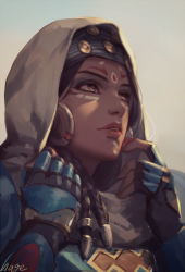 1girl alternate_costume artist_name bad_id bad_tumblr_id bedouin_pharah black_gloves braid brown_eyes brown_hair brown_lips commentary dark-skinned_female dark_skin earrings eyeliner eyeshadow facepaint facial_mark female_focus fingerless_gloves forehead_mark gauntlets gloves hage2013 hair_tubes hands_up hijab hoop_earrings jewelry lipstick looking_away makeup mascara nose outdoors overwatch overwatch_1 parted_lips pharah_(overwatch) portrait short_hair side_braids sidelocks solo teeth upper_body white_hijab