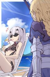 Rule 34 | 2girls, absurdres, aqua nails, armor, bare shoulders, beach, beach chair, bikini, black bikini, blonde hair, blue dress, blue sky, chair, cloud, couter, cup, dress, drinking, drinking straw, fate/grand order, fate (series), gauntlets, grey hair, highres, holding, holding cup, jeanne d&#039;arc (fate), jeanne d&#039;arc (ruler) (fate), light rays, long hair, melusine (fate), melusine (swimsuit ruler) (fate), melusine (swimsuit ruler) (first ascension) (fate), multiple girls, nail polish, ponytail, sky, sunglasses, swimsuit, toukan, water