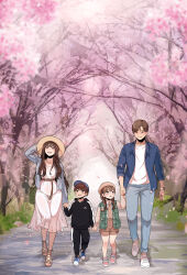 2boys 2girls :d absurdres bag bandaid bandaid_on_cheek bandaid_on_face bandaid_on_knee bandaid_on_leg baseball_cap bdpp beautiful_gunbari belt black_jacket blue_hat blue_shirt blue_shoes braid brown_eyes brown_hair brown_hat brown_necktie brown_shorts cherry_blossoms child family green_jacket hand_up handbag hat highres holding_hands hood hood_down jacket jung_soo-ho long_hair long_sleeves multiple_boys multiple_girls necktie open_clothes open_mouth open_shirt outdoors pink_shoes plaid_clothes plaid_jacket ryu_da-hee sandals shadow shirt shoes short_hair shorts smile sneakers sun_hat twin_braids walking white_shirt white_shoes