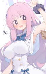 ! !! 1boy 1girl arm_up armpits black_eyes blue_archive blush breasts bright_pupils capelet dress halo highres large_breasts long_hair mika_(blue_archive) mikozin pink_hair pink_halo presenting_armpit simple_background solo_focus spoken_exclamation_mark white_background white_capelet white_dress white_pupils