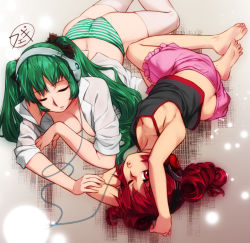 2girls ass barefoot butt_crack crossover closed_eyes feet feguimel hatsune_miku headphones kasane_teto lips long_hair lying multiple_girls navel open_clothes open_shirt panties red_eyes red_hair shirt sleeves_rolled_up soles toes twintails underwear utau very_long_hair vocaloid white_shirt