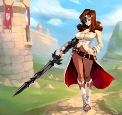 1girl beatrix belt blue_sky boots breasts brown_eyes brown_hair castle cleavage curly_hair day eyepatch female_focus final_fantasy final_fantasy_ix full_body grass hand_on_own_hip holding holding_weapon large_breasts looking_at_viewer loose_belt medium_hair optionaltypo pantyhose shadow sky solo square_enix standing sword weapon white_boots