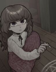 1girl black_ribbon brown_hair chalk closed_mouth face_piercing fear_&amp;_hunger_(series) fear_&amp;_hunger_2:_termina frilled_shirt_collar frills hashtag-only_commentary highres holding holding_chalk long_hair long_sleeves looking_at_viewer mac_kich marina_(fear_&amp;_hunger) mouth_piercing neck_ribbon on_one_knee piercing pink_skirt purple_eyes ribbon shirt skirt solo white_shirt