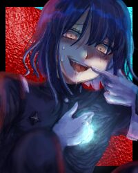1boy armband black_background crazy_eyes crazy_smile drooling eyebrows eyelashes gloves hair_between_eyes highres last_defense_academy_school_uniform looking_at_viewer male_focus open_mouth purple_hair red_background red_eyes saliva saliva_trail smile solo teeth the_hundred_line_-last_defense_academy- tongue tongue_out tsukumo_ima upper_teeth_only white_gloves