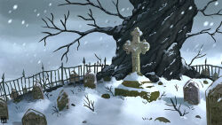 artist_logo bare_tree commentary english_commentary foliage graveyard logo nature no_humans no_lineart original outdoors overcast plant rock scenery sky snow snowing tombstone tree waltjan winter