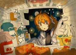 1girl a.i._voice adachi_rei ahoge black_shirt bottle chicken_(food) cup_ramen flat_chest food fried_chicken gloves hair_between_eyes headlamp highres indoors jacket long_sleeves looking_at_viewer meat milk_carton natuso7 night noodles open_mouth orange_eyes orange_hair parted_bangs pie pie_slice radio_antenna ramen refrigerator shirt three-quarter_sleeves solo utau white_gloves white_jacket