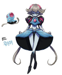 1girl black_footwear blue_skin blue_skirt colored_skin crossed_legs eyelashes full_body gen_1_pokemon grey_hair hair_between_eyes looking_at_viewer midriff navel nintendo personification pokemon pokemon_(creature) puff_and_slash_sleeves puffy_sleeves reference_inset short_hair simple_background skirt tamtamdi tentacool translated white_background