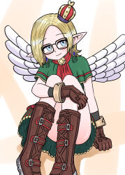 1boy blonde_hair blue_eyes boots brown_boots brown_gloves capelet commentary_request crown dress earrings glasses gloves green_capelet green_dress highres male_focus mini_crown mochi_au_lait original pointy_ears short_dress smile solo teardrop_earrings tilted_headwear trap wings