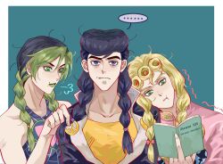 ... 1girl 2boys :t alternate_hairstyle anne_of_green_gables black_hair blonde_hair blue_eyes book braid breath commentary diamond_wa_kudakenai flower gakuran giorno_giovanna green_eyes green_hair green_lips higashikata_josuke highres jo_jun jojo_no_kimyou_na_bouken kuujou_jolyne ladybug_ornament long_hair multicolored_hair multiple_boys pout reading school_uniform spider_lily spoken_ellipsis stone_ocean symbol-only_commentary tearing_up trembling twin_braids two-tone_hair vento_aureo wing_ornament