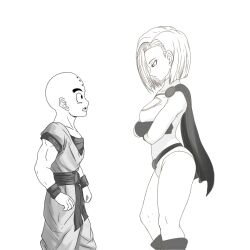 Rule 34 | 1boy, 1girl, android 18, ass, bald, bald male, black eyes, breasts, cape, cosplay, couple, crossed arms, dc comics, dragon ball, dragonball z, highres, husband and wife, ivyrandomart, kuririn, looking down, muscular, muscular male, power girl, power girl (cosplay), superhero costume, superman (series), surprised, thick thighs, thighs, white background