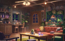 absurdres antique_phone bilingual_commentary book bookshelf candle ceiling_light chair commentary couch cup door english_commentary flower hanagamigendai highres indoors lamp mixed-language_commentary night no_humans original phone plant potted_plant rotary_phone scenery shelf sunflower table teapot twitter_username variant_set window wooden_floor