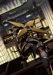 10s 1boy aircraft cityscape dirigible dutch_angle enmto from_behind helmet ivan_karelin male_focus night origami_cyclone running shuriken solo superhero_costume tiger_&amp;_bunny weapon