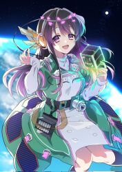 1girl buttons camera double-breasted dress earth_(planet) green_dress highres long_hair looking_at_viewer mecha_musume moon niwa_circle original personification pink_petals planet purple_eyes satellite sky solo space star_(sky) star_(symbol) starry_sky