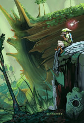 1boy artist_name boots brown_footwear deku_baba flower great_deku_sprout great_deku_tree hat hylian_shield kayla_mayer link moss navi nintendo plant pointy_ears shield shield_on_back sitting the_legend_of_zelda the_legend_of_zelda:_ocarina_of_time tree