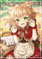 1girl absurdres animal_ear_fluff animal_ears apron blurry bottle bow braid brown_hair capelet claw_pose corset crying crying_with_eyes_open depth_of_field dirt_road fangs field flower flower_field forest green_eyes hair_bow highres hood hood_down hooded_capelet little_red_riding_hood nature original picnic_basket red_capelet red_skirt road rural short_hair skirt tail tears tree tsukito_cheta twin_braids wine_bottle wolf_ears wolf_tail wrist_cuffs