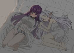 Rule 34 | 2girls, blanket, blush, breasts, chastity belt, closed eyes, clothes lift, commentary request, dress, dress lift, elf, female masturbation, fern (sousou no frieren), frieren, head on pillow, hippo power, large breasts, long hair, long sleeves, lying, masturbation, metal chastity cage, multiple girls, on back, on side, pillow, pointy ears, purple eyes, purple hair, sleeping, sleeping together, sousou no frieren, thighs, twintails, under covers, white hair, x-ray