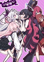 Rule 34 | 4girls, absurdres, ahoge, black hair, black halo, black skirt, blue archive, blue eyes, blue halo, blush, book, breasts, demon girl, demon horns, demon wings, double bun, hair bun, halo, highres, hina (blue archive), holding, holding book, horns, hoshino (blue archive), iroha (blue archive), kisaki (blue archive), long hair, maro4ka, multiple girls, pink hair, pink halo, red hair, school uniform, shirt, skirt, small breasts, standing, twintails, white hair, white shirt, wings, yuri