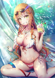 Rule 34 | 1girl, bikini, blush, breasts, cup, drinking glass, eyewear on head, frilled bikini, frilled swimsuit, frills, hair ornament, hairclip, halterneck, heart, heart hair ornament, highres, large breasts, looking at viewer, mole, mole on breast, nail polish, natsusora aona, novady, orange hair, original, shot glass, side-tie bikini bottom, solo, string bikini, summer, sunglasses, swimsuit