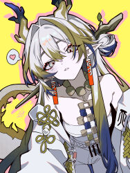 1girl absurdres arknights bare_shoulders blonde_hair blue_hair chinese_commentary collarbone commentary_request dragon_girl dragon_horns dragon_tail earrings grey_eyes grey_hair hair_between_eyes hair_intakes halftone heart highres horns jacket jewelry long_hair looking_at_viewer multicolored_hair necklace off_shoulder outline pale_skin parted_lips pink_outline pointy_ears shu_(arknights) simple_background solo spoken_heart synzmayu tail white_jacket yellow_background