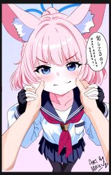 1girl 1other animal_ear_fluff animal_ears armband black_gloves blue_archive blue_eyes blue_sailor_collar blue_skirt blush closed_mouth fingerless_gloves fox_ears fox_girl gloves hands_on_another&#039;s_face highres holding_hands long_hair looking_at_viewer melissa_v2 neckerchief niko_(blue_archive) pink_hair ponytail pov red_armband red_neckerchief sailor_collar sensei_(blue_archive) sidelocks skirt smile